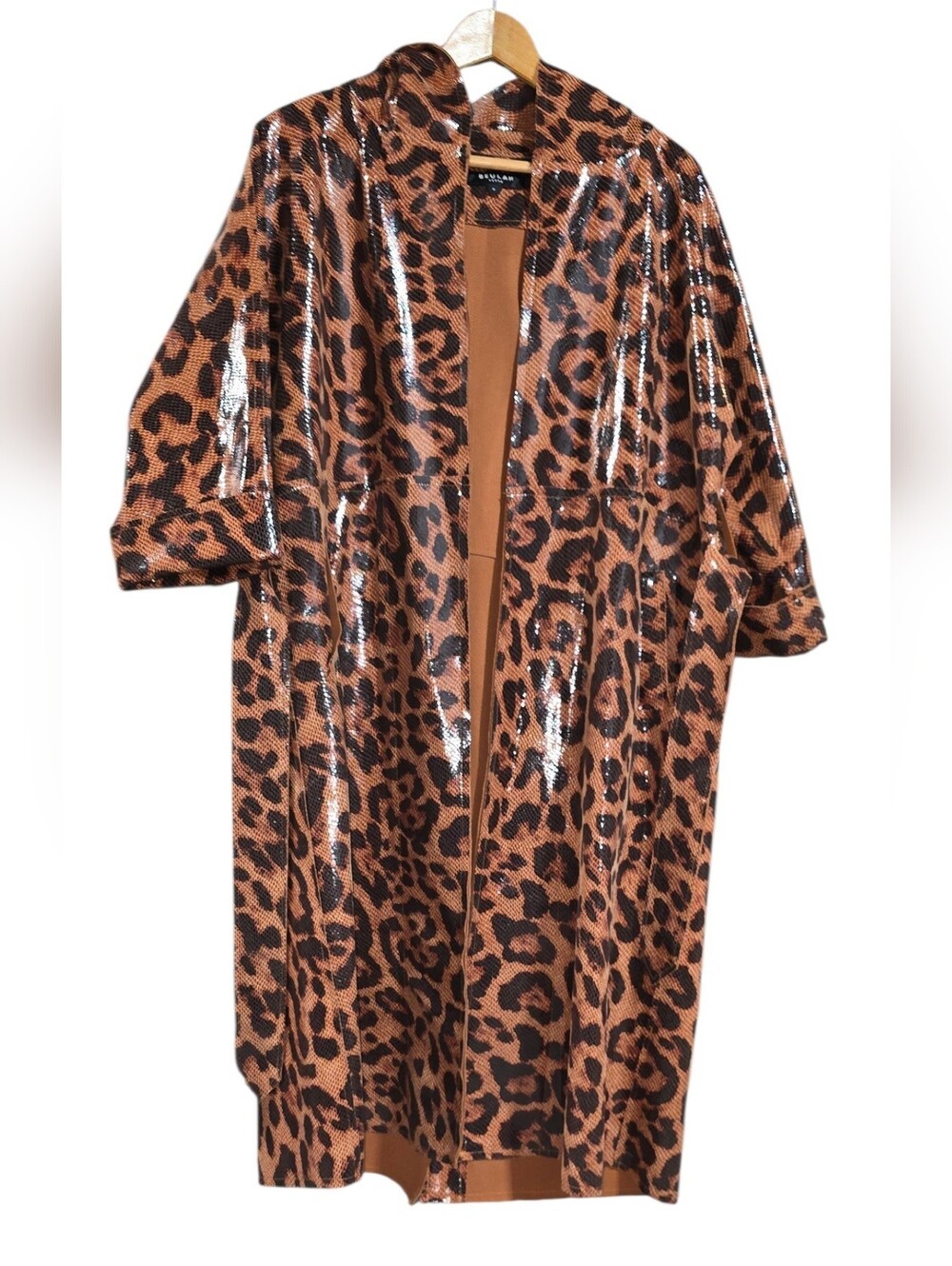 Beulah Leopard Print Open-Front Hooded Coat Trench  in Brown